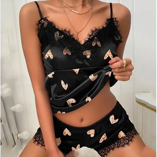 Women's Pajamas Sets Nighty Pjs 2 Pieces Heart Letter Gothic Fashion Hot Home Bed Satin Breathable Gift V Wire Sleeveless Strap Top Shorts Elastic Waist Spring Summer Pink Red / Silk