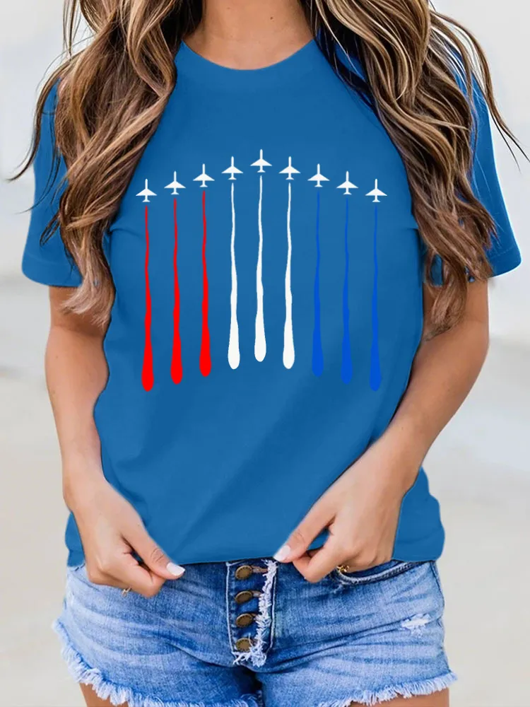 Airplane Cigarette Printed Round-Neck Short-Sleeved T-Shirt