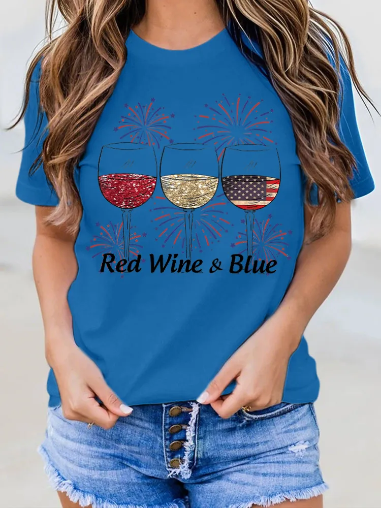 Red Wine Blue Print Round-Neck Short-Sleeved T-Shirt