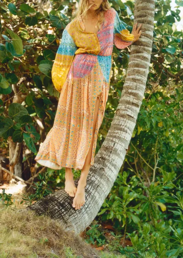 Patchwork Puff Seeve Maxi Smock Dress