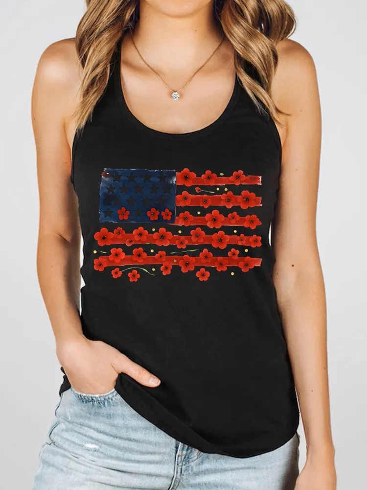 Women'S Flower Stars And Stripes Print Round-Necked Sleeveless Vest