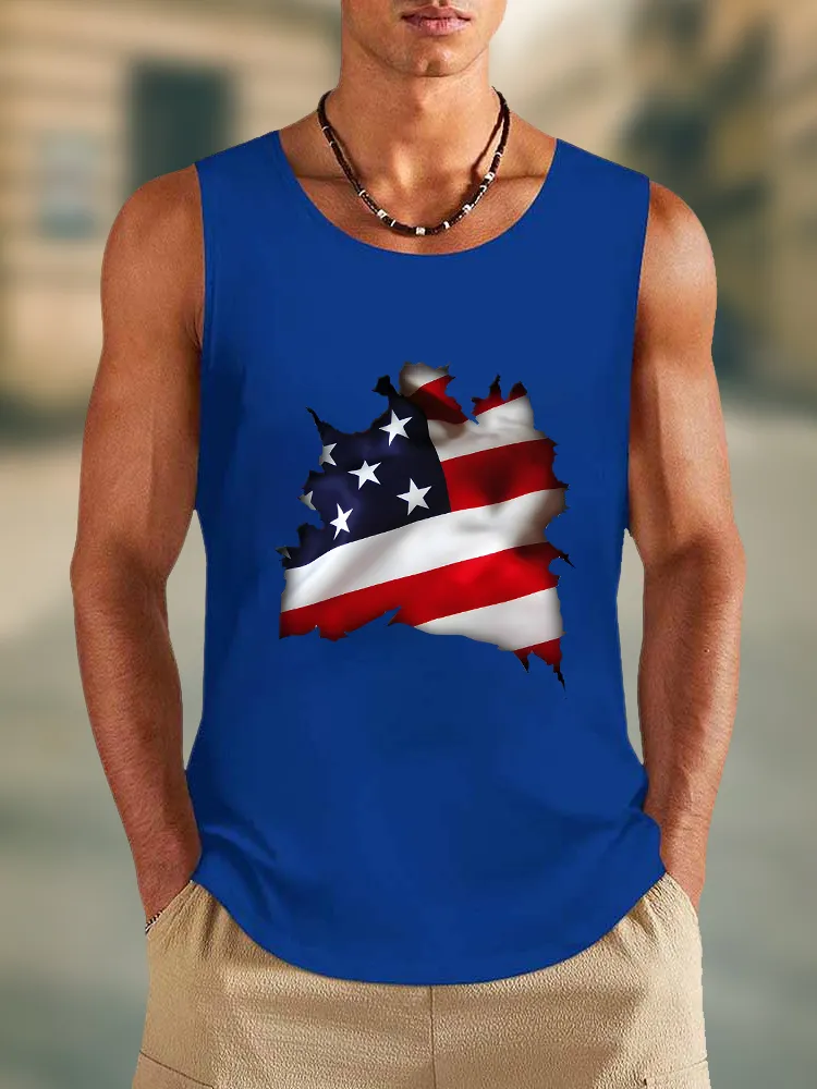 Men'S Damaged Stars And Stripes Print Round-Necked Sleeveless Vest