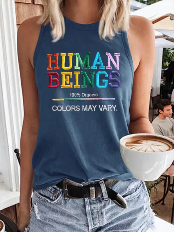 Retro Human Beings 100% Organic Colors May Vary Human Rights Equality Pride Print Tops Tank