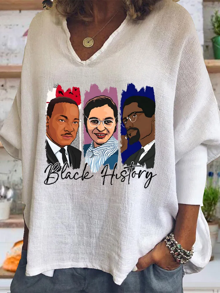 Women'S Black History Patterned Printed V-Neck T-Shirt