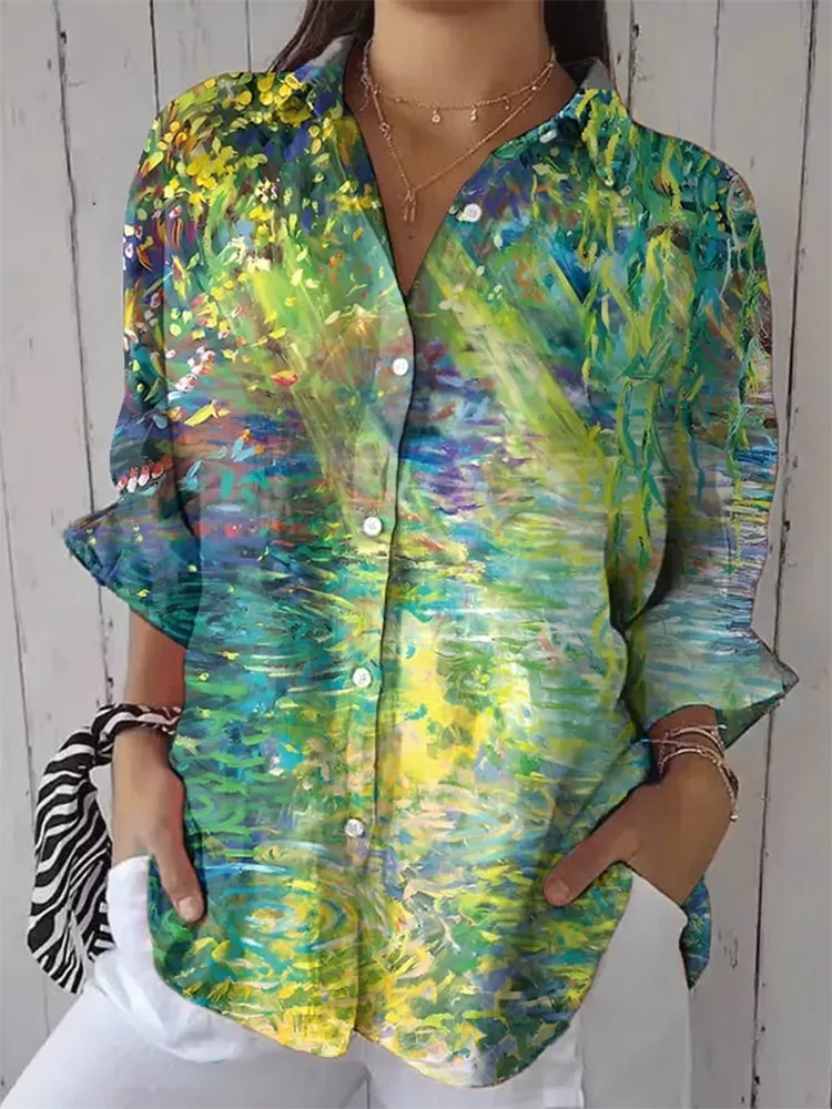 Women'S Long-Sleeved Lapel Shirt With Landscape Painting Print