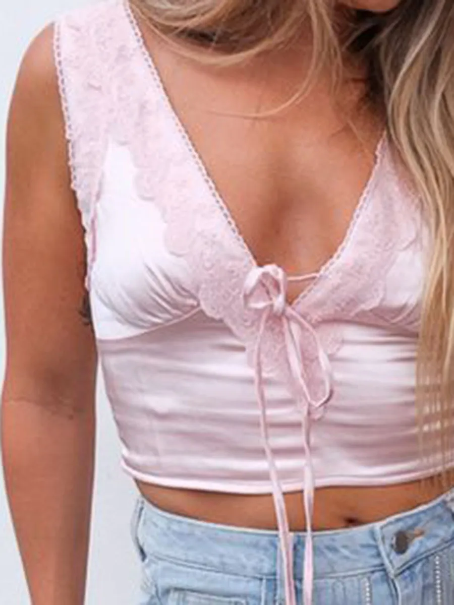 V Neck Pink Lace Tie Top