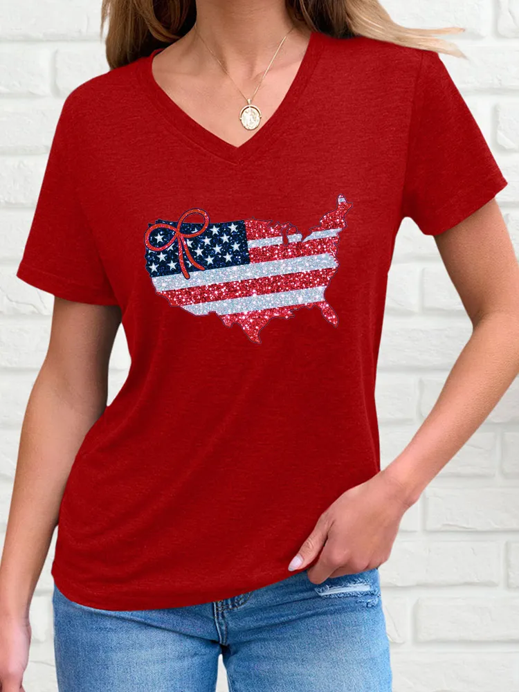 Woman'S Damaged Stars And Stripes Bow Print V-Neck And Short Sleeves T-Shirt