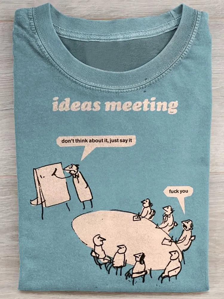 Women'S T-Shirt Ideas Meeting Round-Neck Washed Short Sleeve T-Shirt