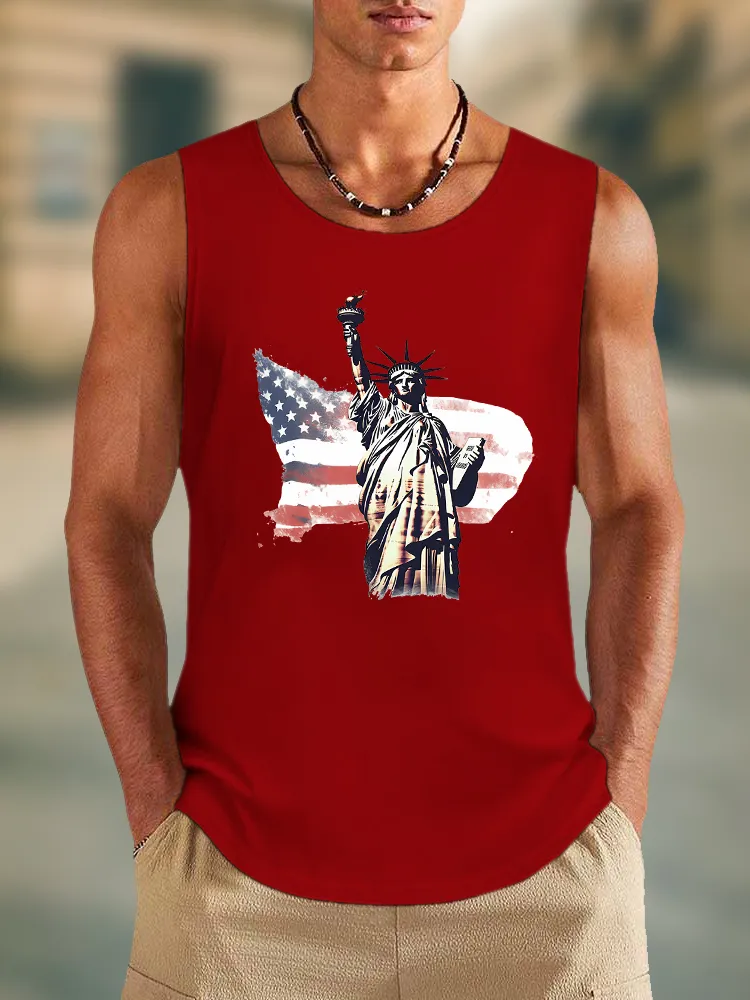 Men'S The Stars And Stripes And The Statue Of Liberty Print Round-Necked Sleeveless Vest