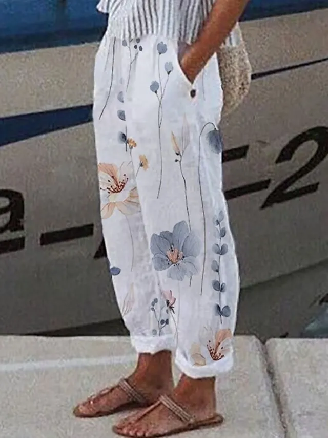 Women's Wide Leg Linen Pants Pants Trousers Full Length Faux Linen Side Pockets Baggy Fashion Casual Weekend White S M
