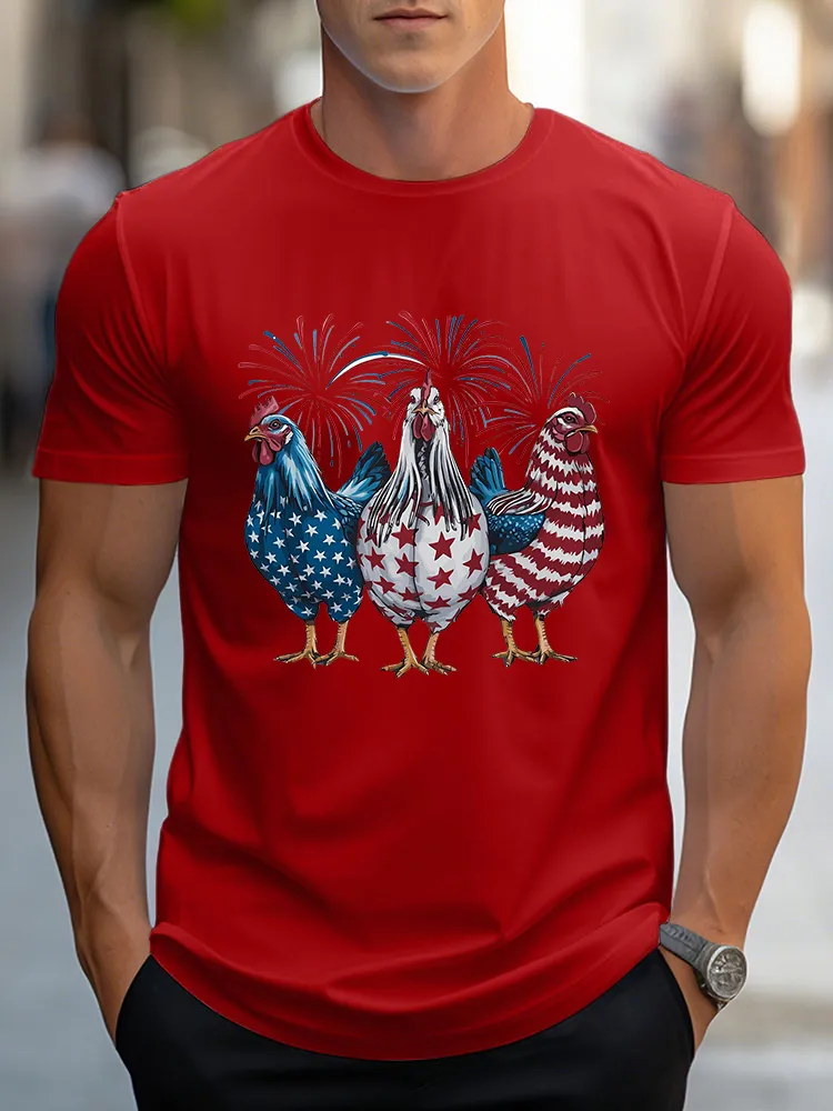 Man'S Independence Day Fireworks Rooster T-Shirt With Round-Neck And Short Sleeves