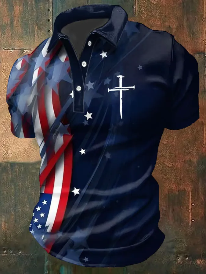 Men'S The Stars And Stripes And The Cross Print Polo Shirt