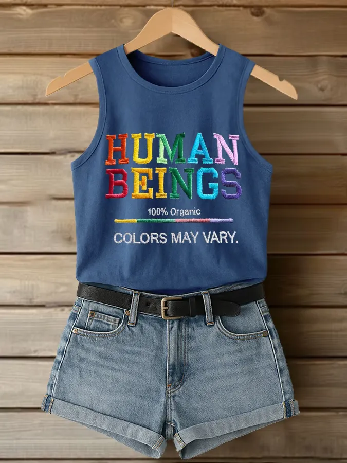 Retro Human Beings 100% Organic Colors May Vary Human Rights Equality Pride Print Tops Tank