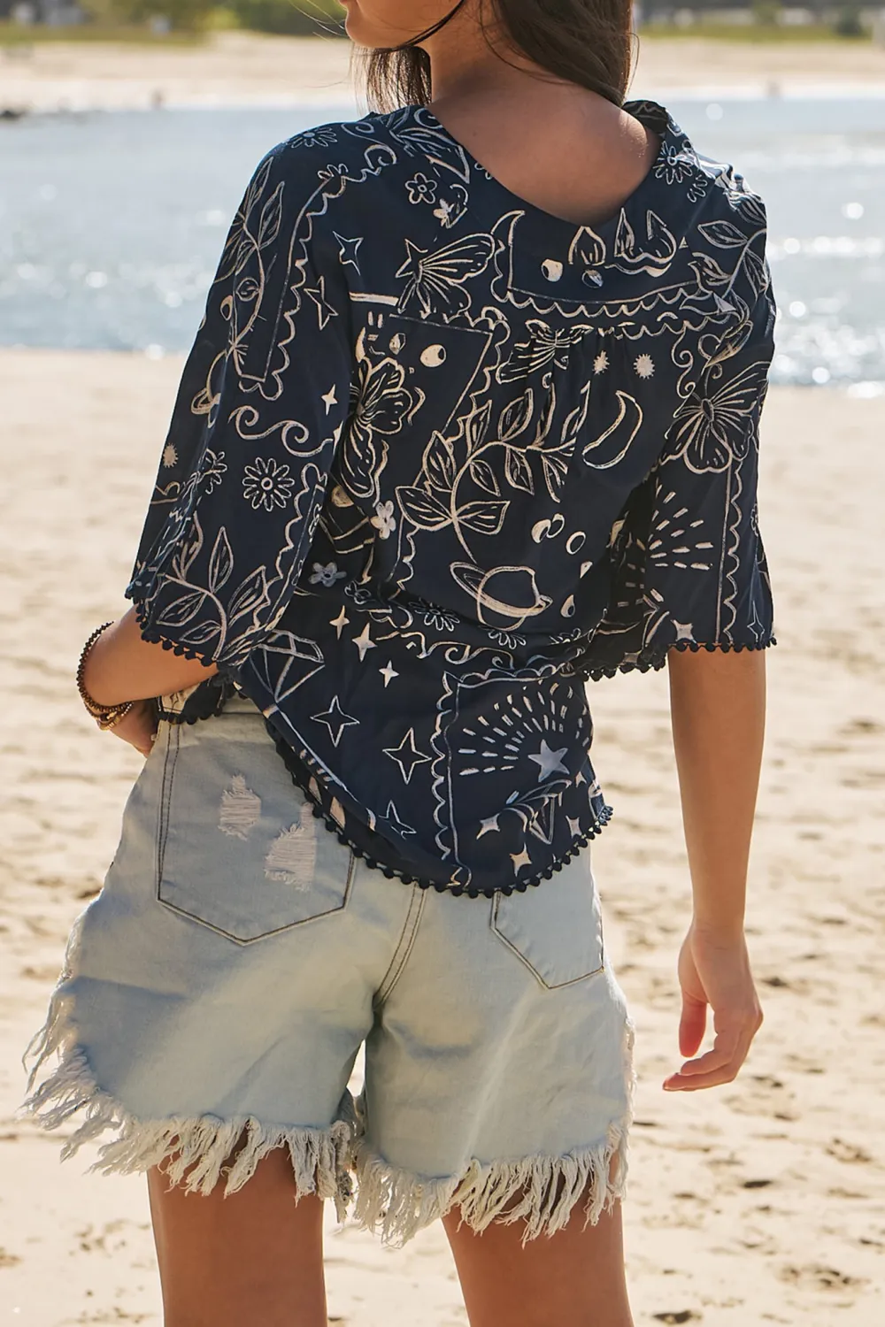 Navy Blue Printed V Neck Short Sleeve Top