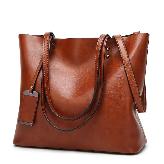 Women's Tote Shoulder Bag Tote PU Leather Shopping Daily Office & Career Rivet Solid Color Black Red Wine Brown