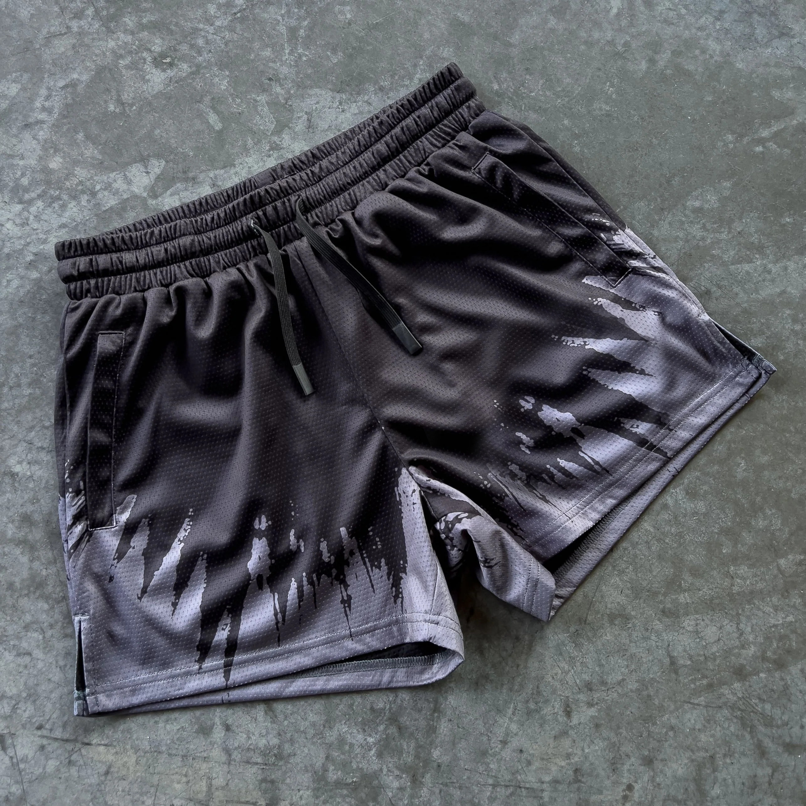 MUAY THAI SHORTS (MID THIGH CUT) SHATTER - BLACK / GREY