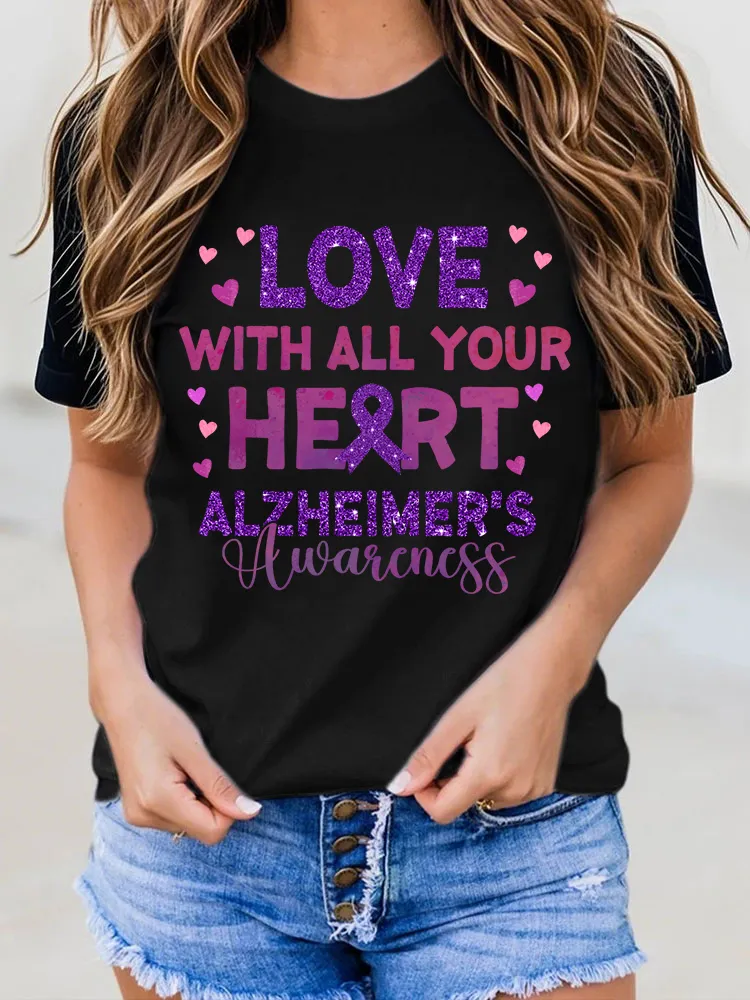 Women'S Love With All Your Heart Alzheimer'S Awareness Round-Neck T-Shirt