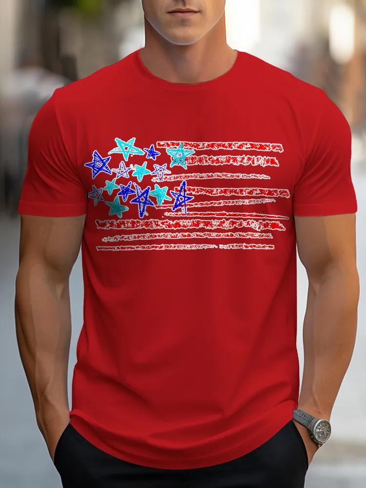 Man'S Stars And Stripes Print Round-Neck Short-Sleeved T-Shirt