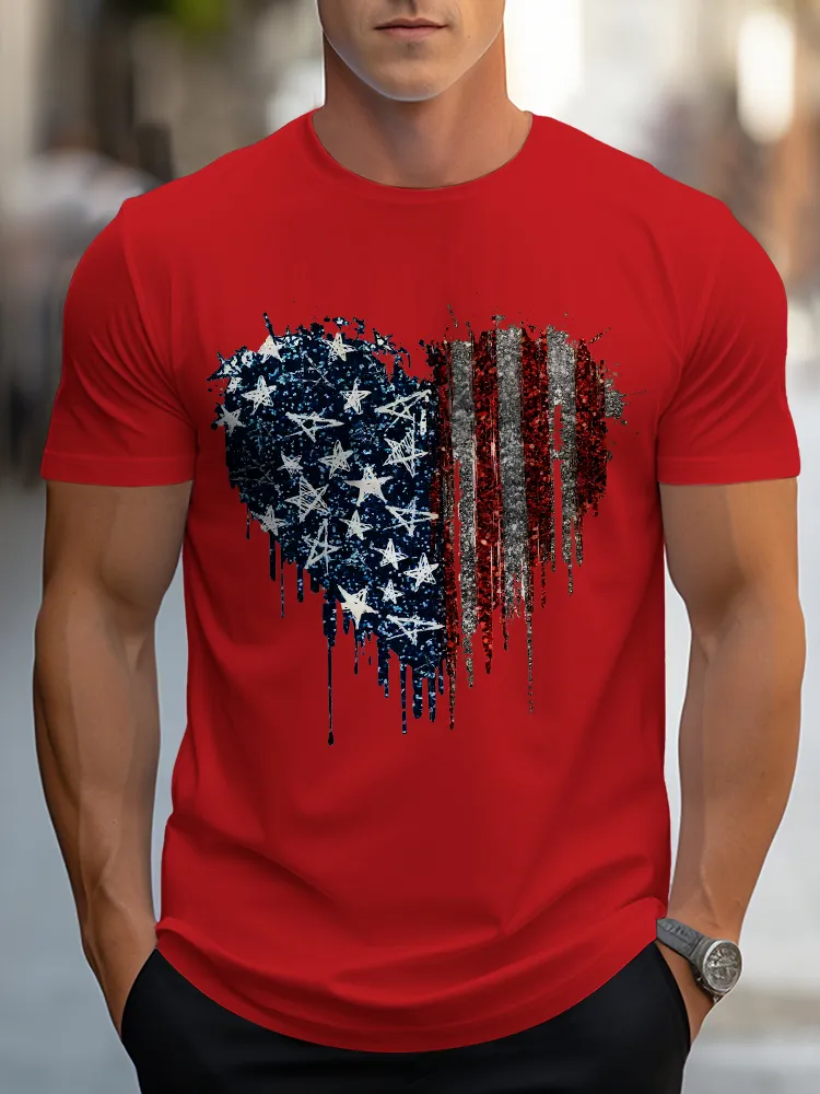 Man'S Star Stripe Heart Round-Neck Short-Sleeved T-Shirt