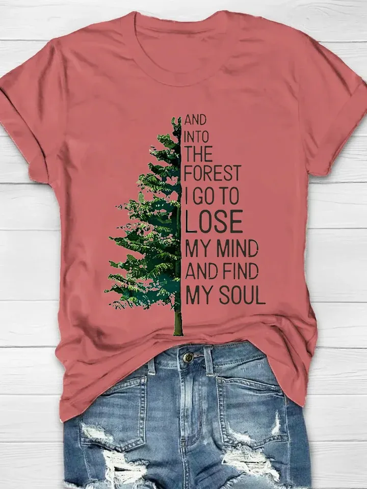 Women's Casual Natural Forest Print Short Sleeve Crew Neck T-Shirt