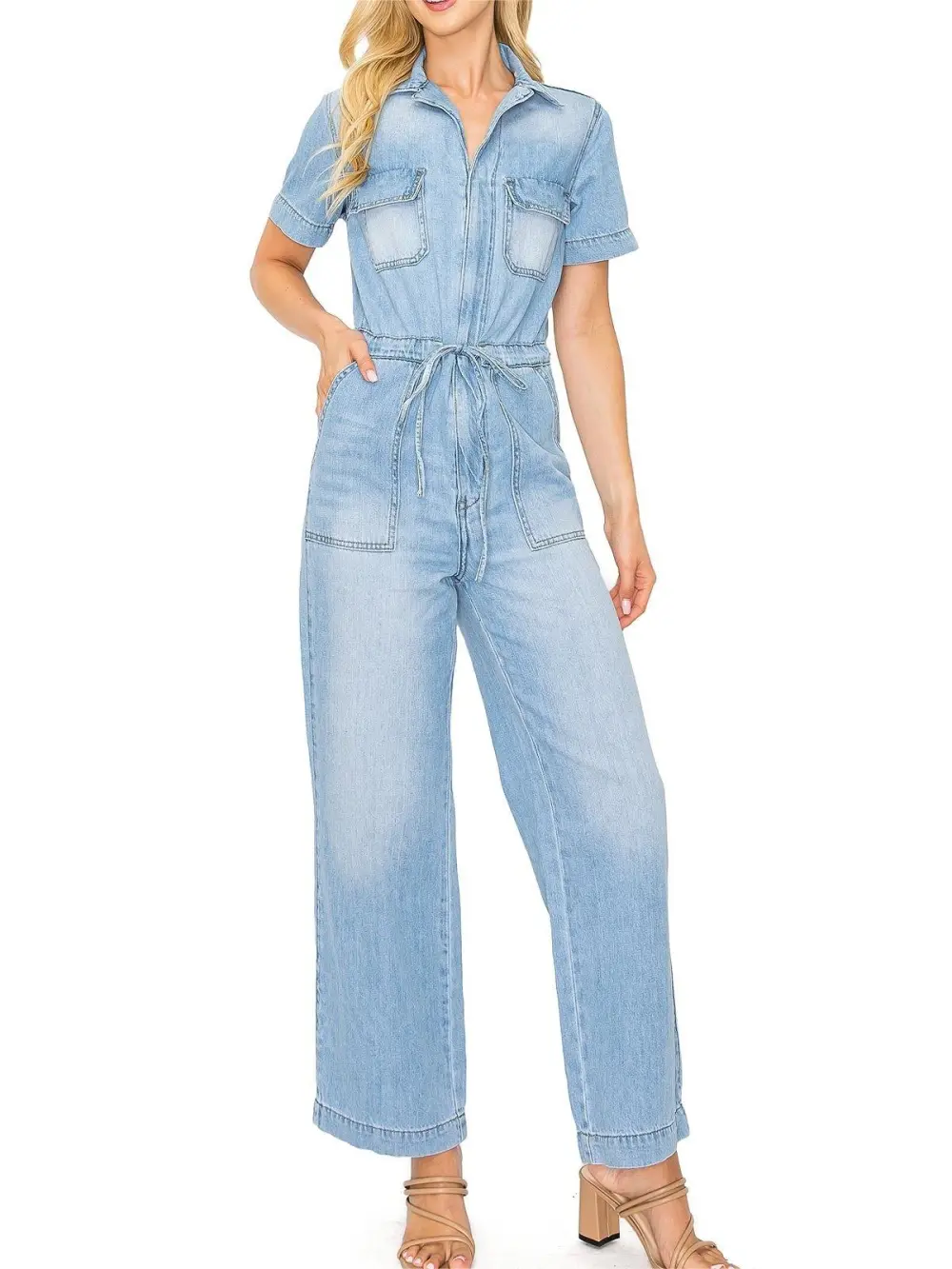 Light Wash Denim Short - Sleeve Jumpsuit