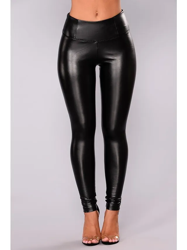 Women's Skinny Ankle-Length PU Artificial Leather Stretchy Mid Waist Streetwear Basic Party Daily Black Army Green S M Winter Spring &  Fall