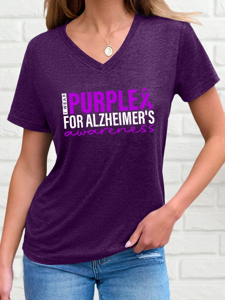 Women'S V-Neck Short-Sleeved T-Shirt I Wear Purple For Alzheimer'S Awareness Prints