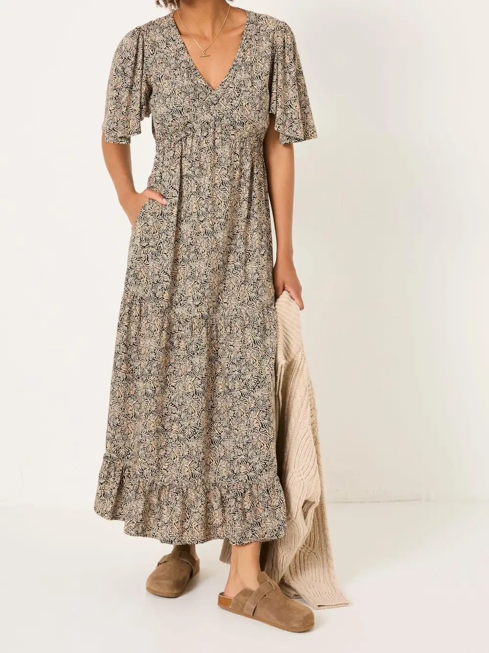 Black Floral Waist Tie Midi Dress