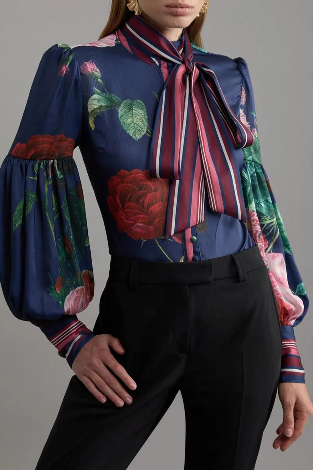 Woven Balloon Sleeve Tie Detail Blouse