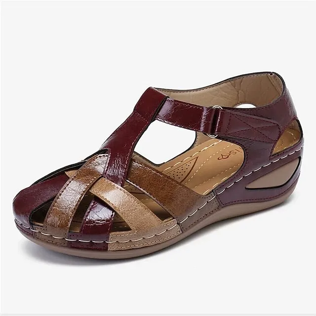 Women's Sandals Wedge Sandals Comfort Shoes Plus Size Outdoor Office Daily Summer Buckle Wedge Heel Round Toe Closed Toe Classic Casual Walking Shoes PU Leather Faux Leather Magic Tape Color Block