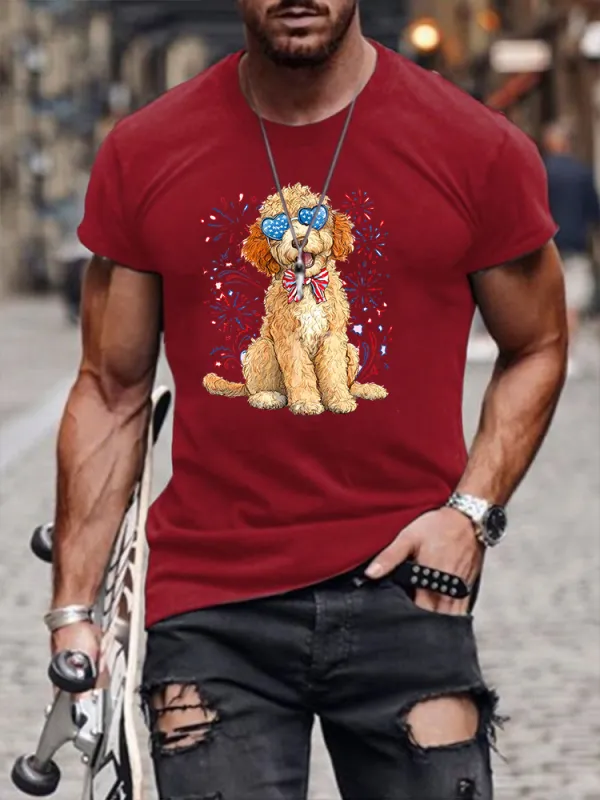 Men'S Independence Day Puppy Fireworks Round-Neck Short-Sleeved T-Shirt