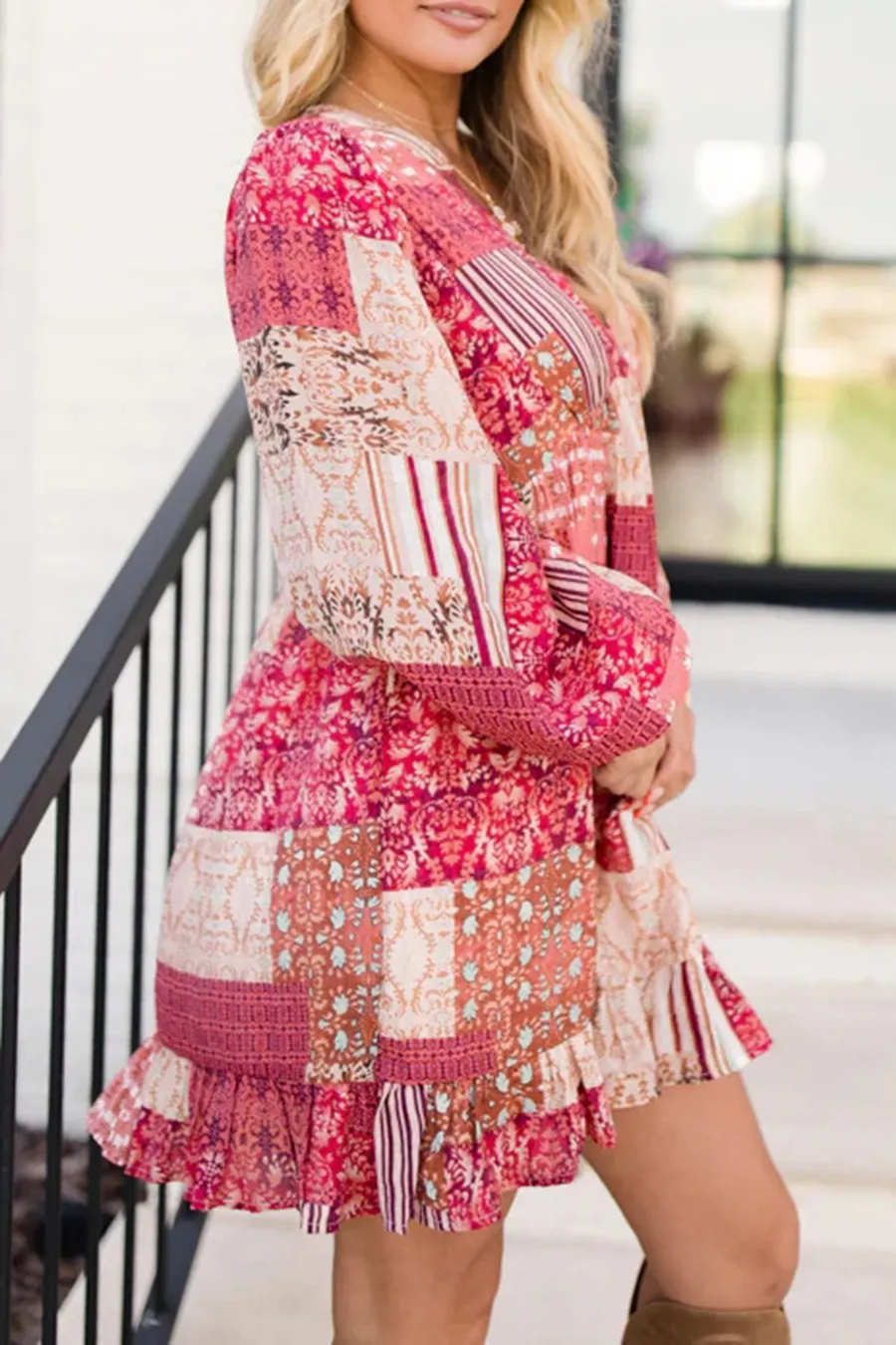 Patchwork Print Split V Baby Doll Dress