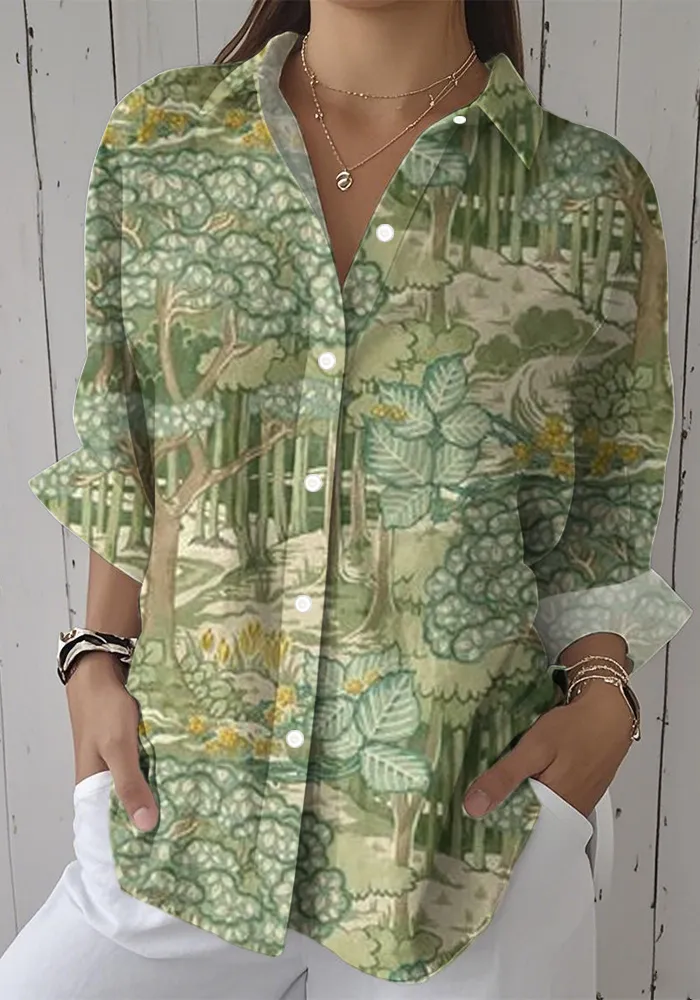 Women's Casual Green Plant Printed Long Sleeve Cotton and Linen Shirt