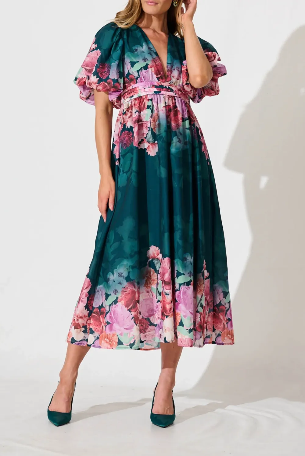 Green Floral Print Puff Sleeve Maxi Dress