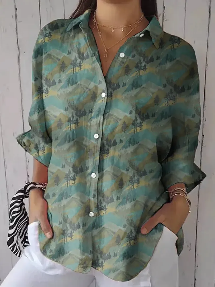 Women'S Casual Forest Mountain Plant Cotton And Linen Shirt