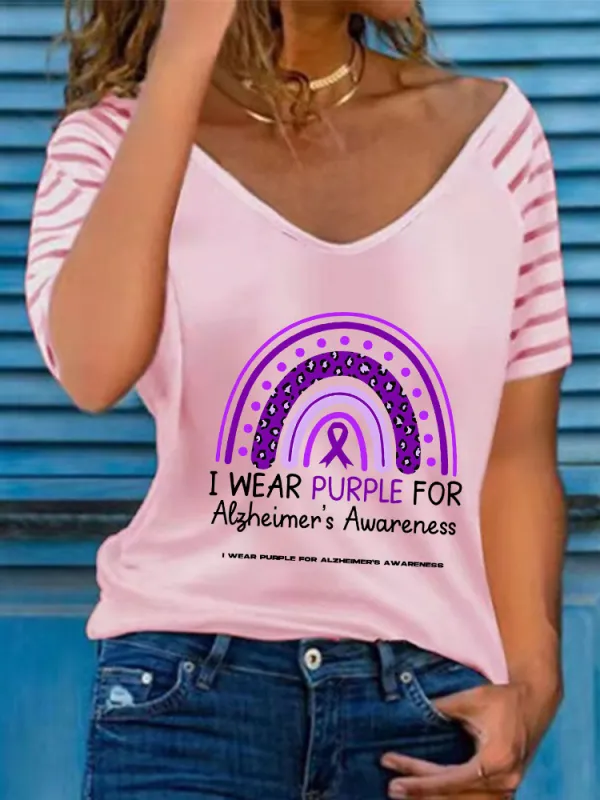 Women'S I Wear Purple For Alzheimer'S Awareness V-Neck Short-Sleeved T-Shirt