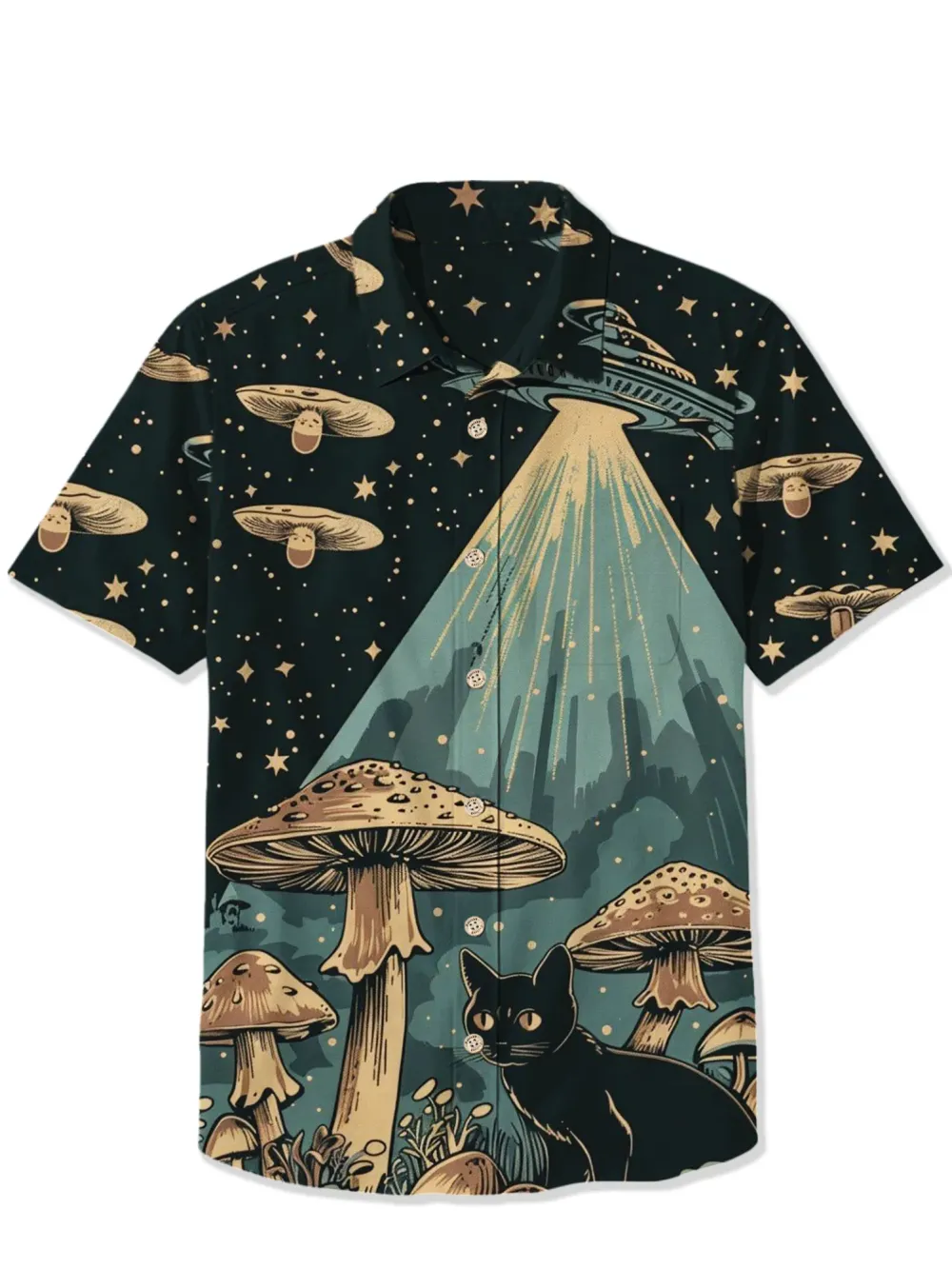 Retro Spaceship And Black Cat Shirt