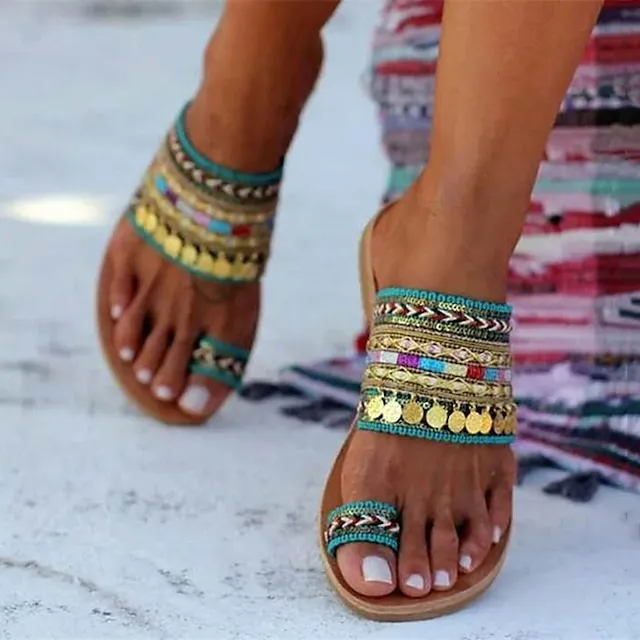 Women's Sandals Boho Bohemia Beach Flat Sandals Outdoor Slippers Outdoor Daily Beach Summer Sequin Flat Heel Open Toe Vintage Casual Minimalism Polyester Loafer Striped Black Red Green