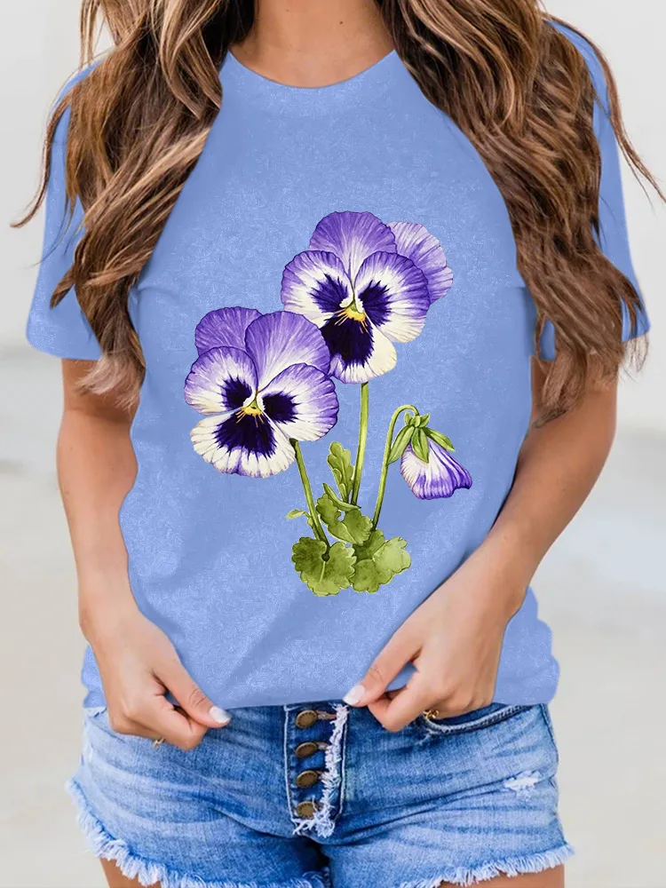 Women'S Floral Printed Alzheimer'S Awareness Short-Sleeved T-Shirt