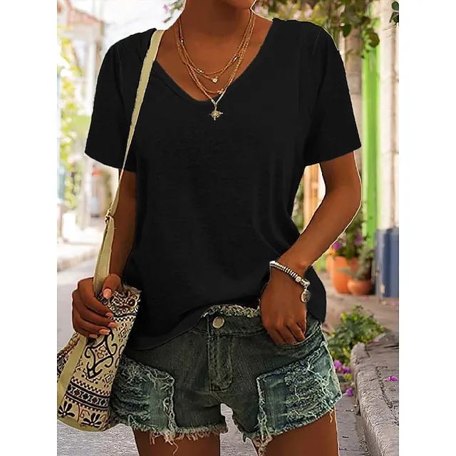 Women's Blouse T shirt Tee Basic Plain Daily V Neck T-shirt Sleeve Regular Summer White Black Blue Purple Dark Red