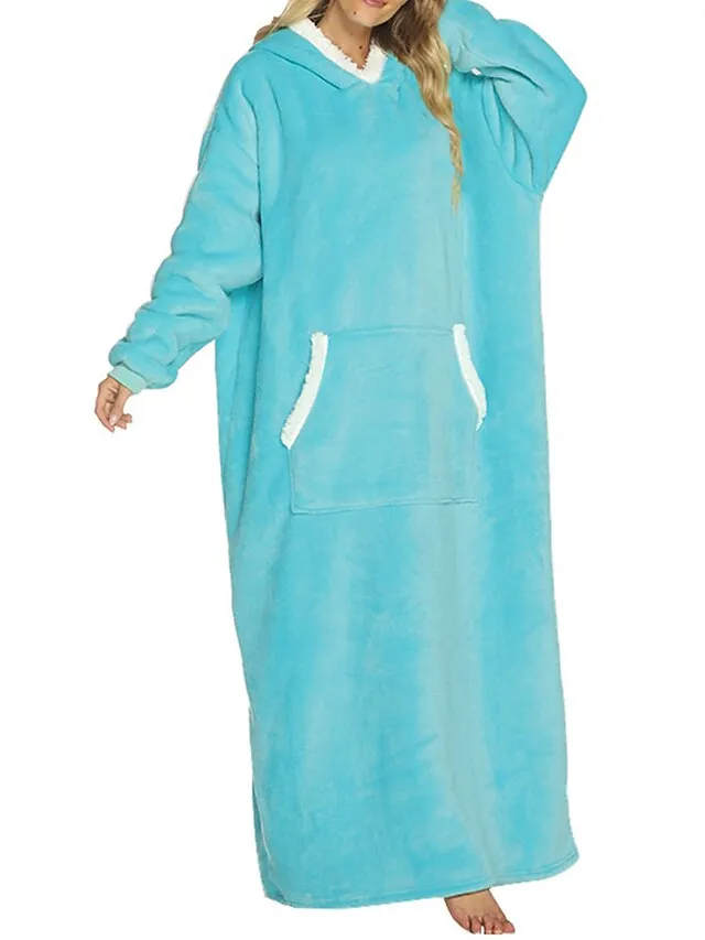 Women's Wearable Blanket Hoodie Blanket Pajama Loungewear Pure Color Warm Plush Casual Home Daily Bed Flannel Warm Breathable Hoodie Long Sleeve Pocket Fall Winter Lake blue Black