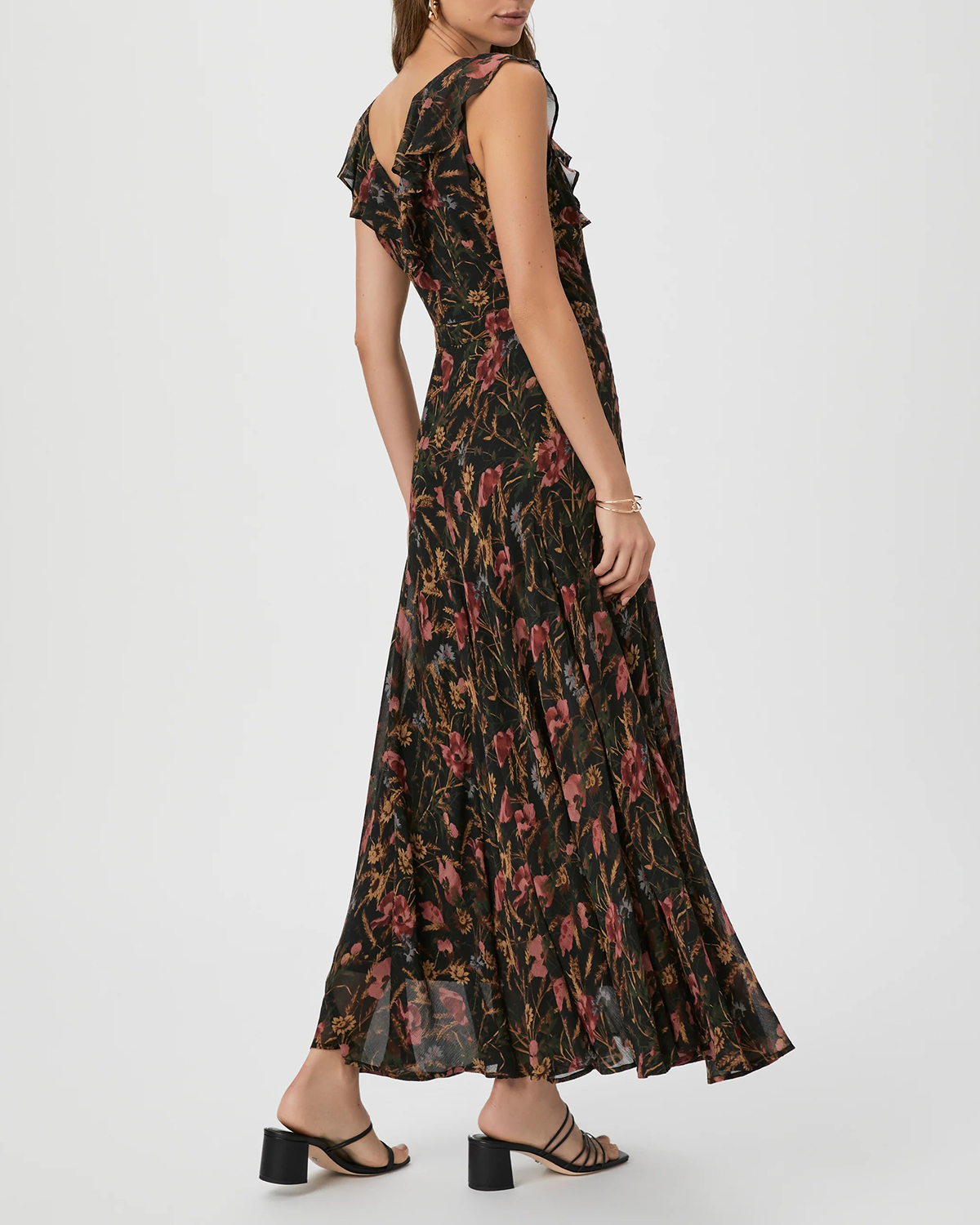 Black Multi Silk Floral Print Sleeveless Midi Dress