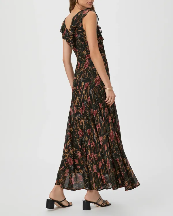 Black Multi Silk Floral Print Sleeveless Midi Dress