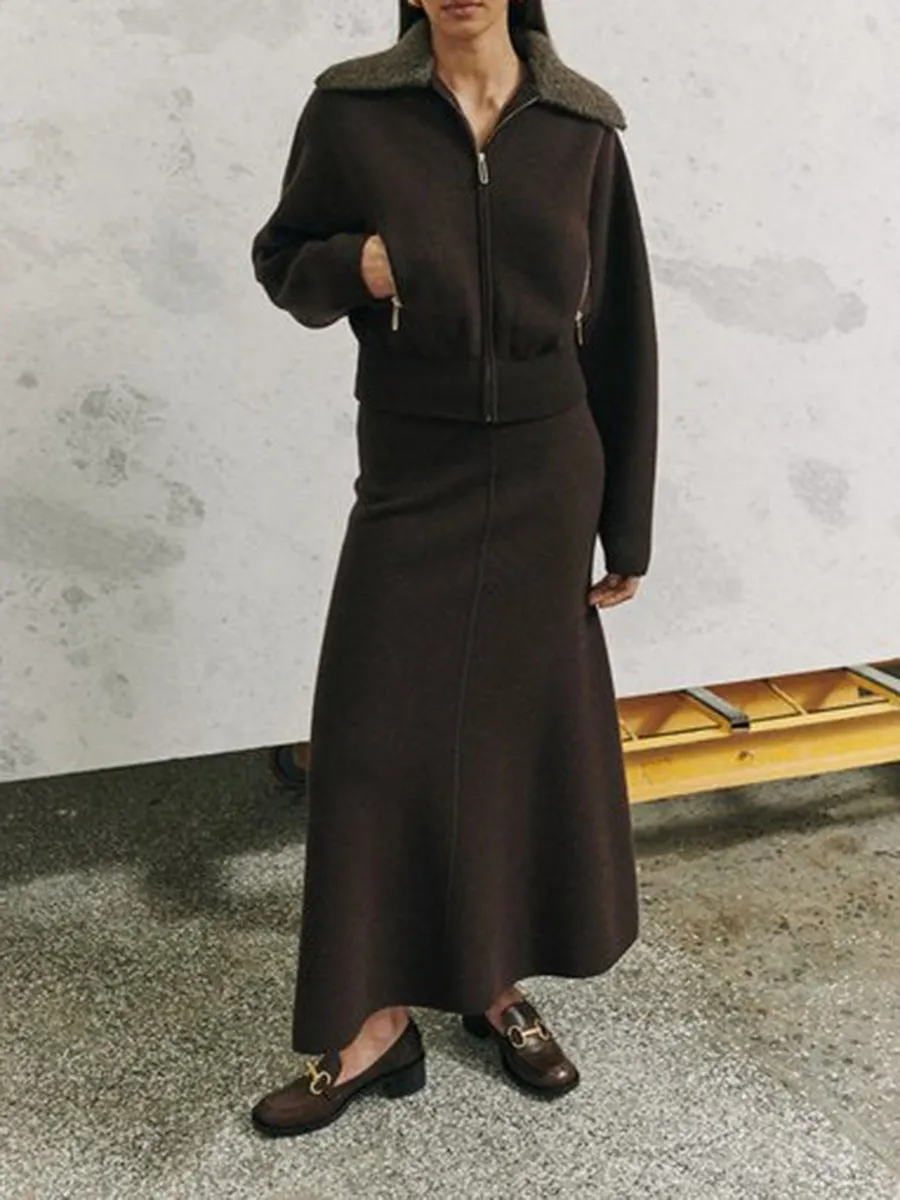 Brown Fleece Collar Zip Up Set