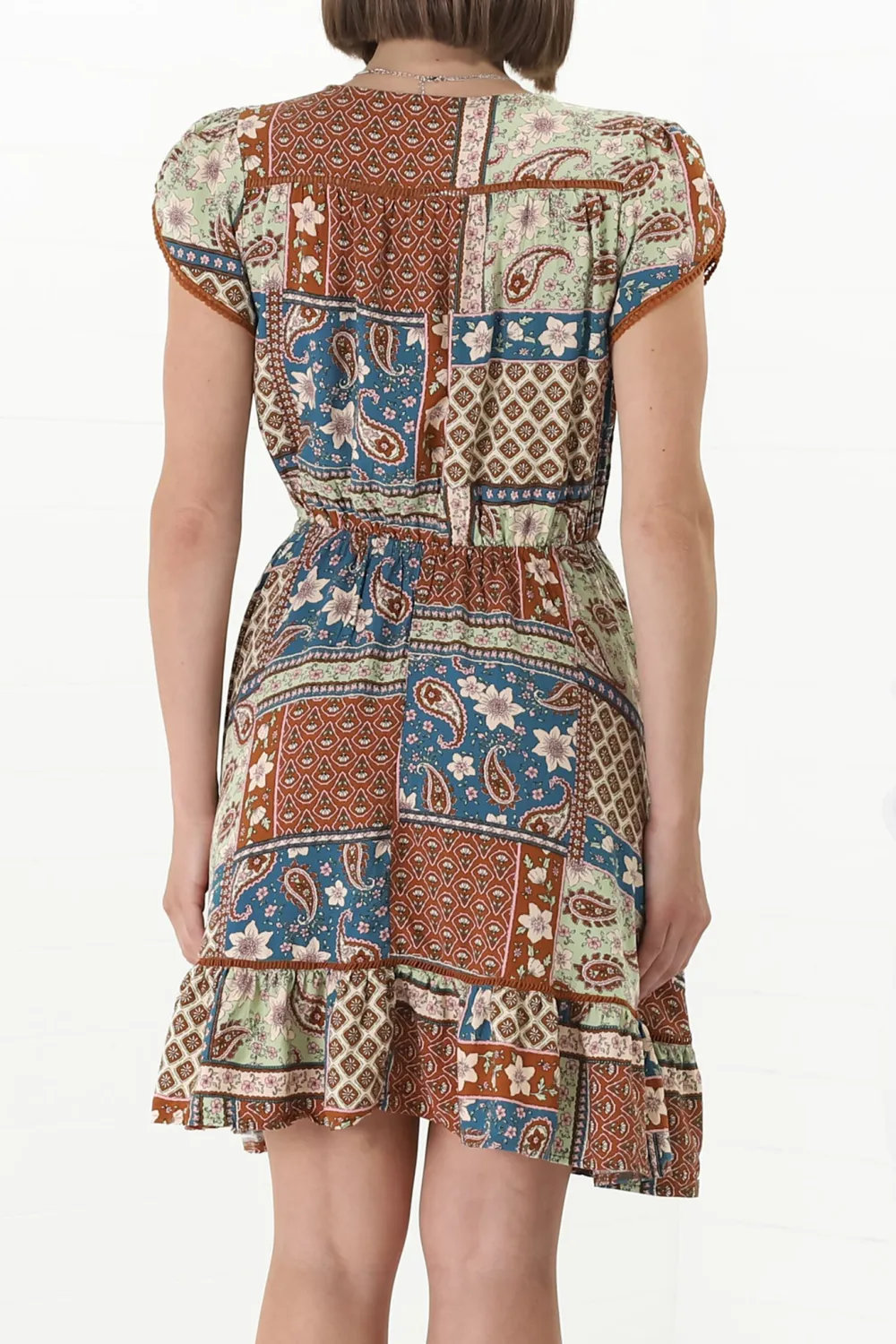Colorful Patchwork Print V Neck Flared Dress