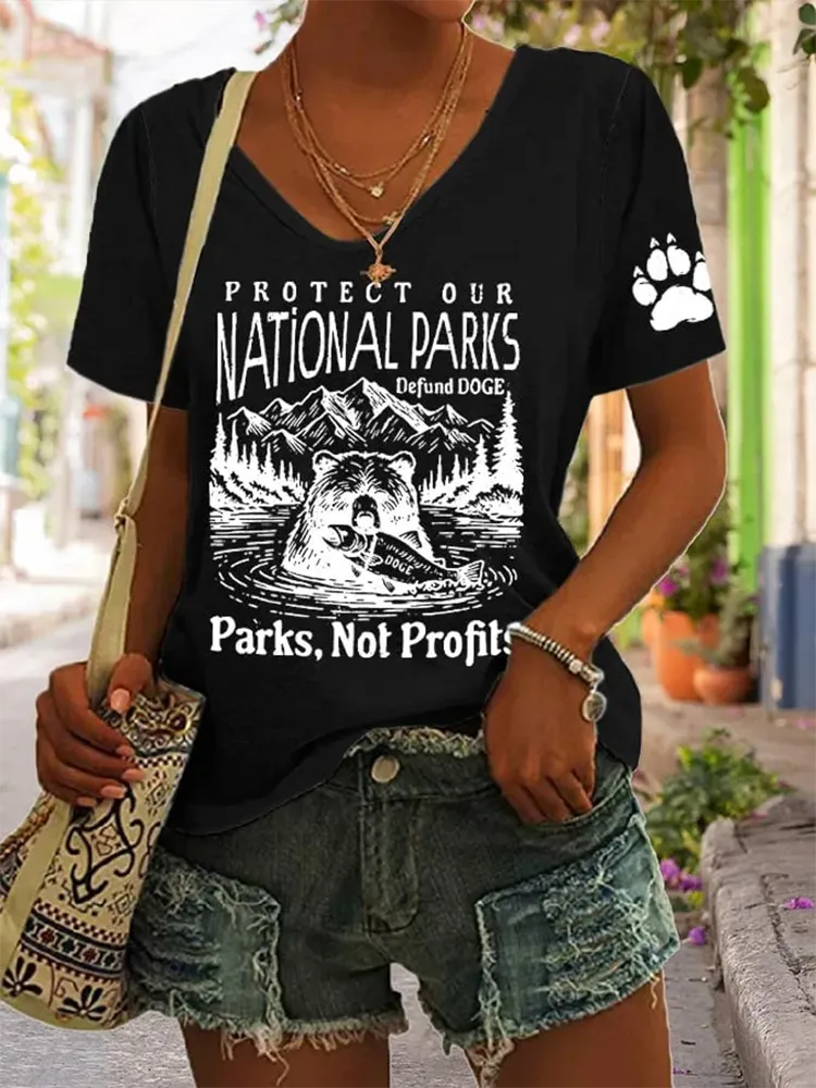 Woman'S Protect Our National Parks Defund Doge Parks, Not Profits V-Neck Short-Sleeve T-Shirt