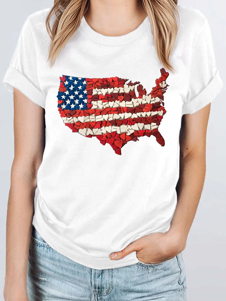Woman'S Independence Day Love Map Print Short-Sleeved T-Shirt