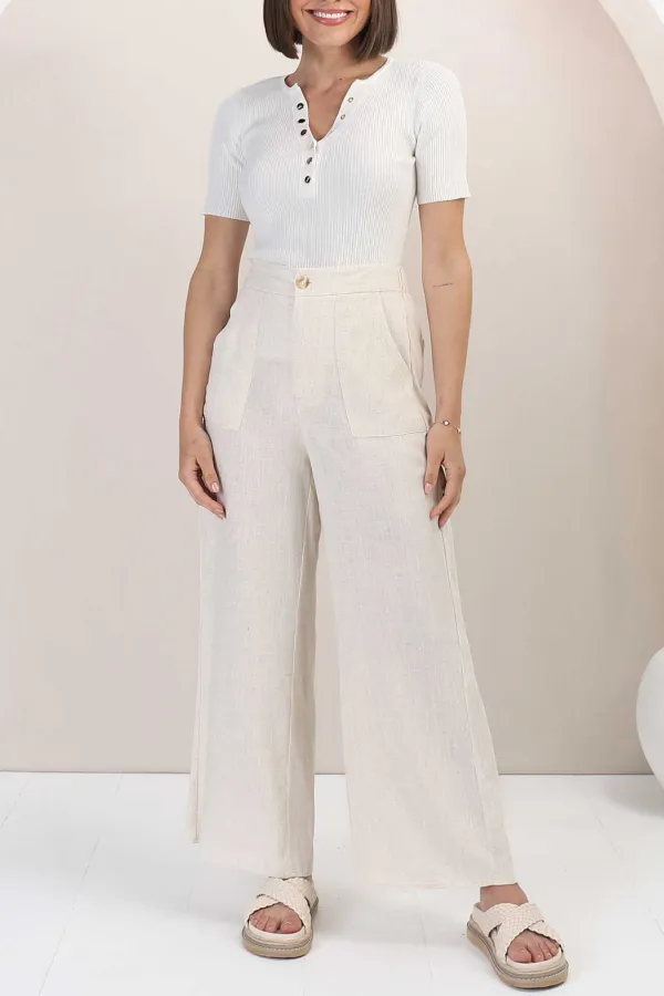 Beige High Waist Wide Leg Linen Pants