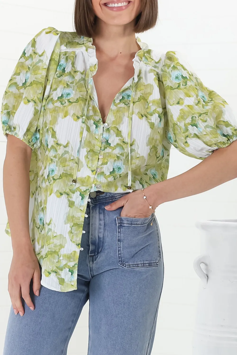 Green Floral Print Puff Sleeve V Neck Blouse