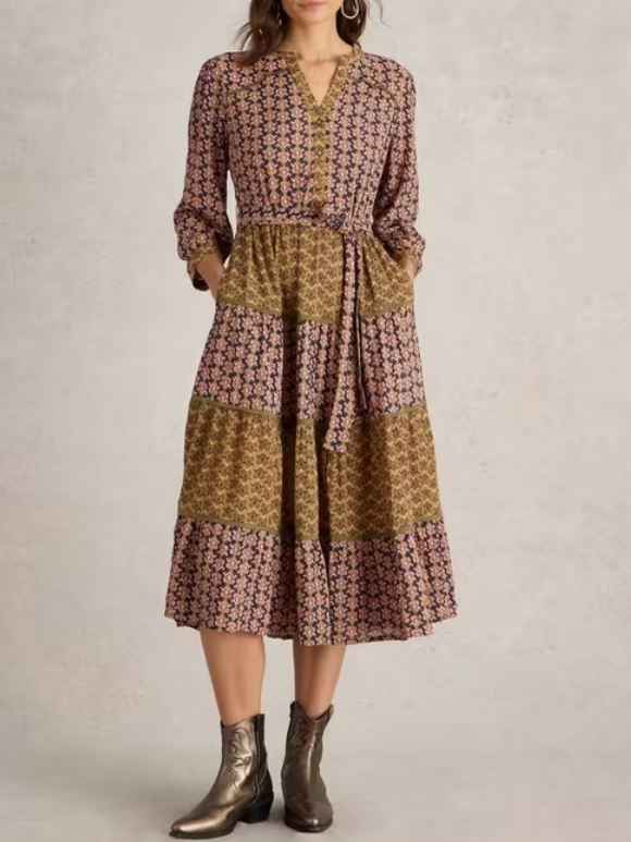 Mixed Print Midi Dress
